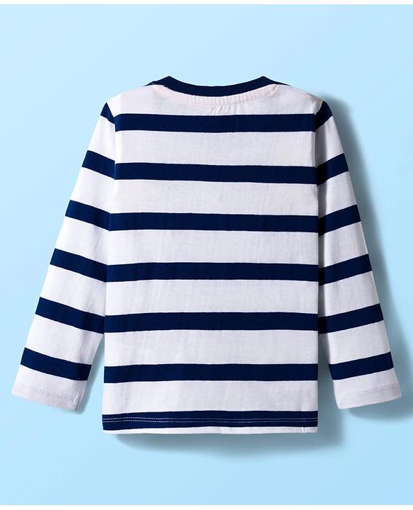 Babyhug 100% Cotton Knit Full Sleeves Striped T-Shirt with Tiger Graphic - White & Navy Blue