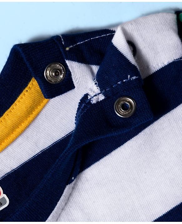 Babyhug 100% Cotton Knit Full Sleeves Striped T-Shirt with Tiger Graphic - White & Navy Blue