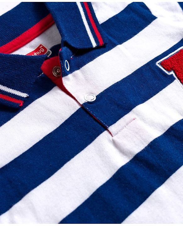Babyhug 100% Cotton Knit Full Sleeves Polo T-Shirt with Stripes & Patch Detailing - Navy Blue & White