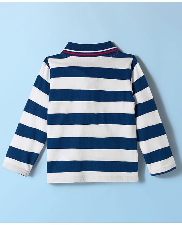Babyhug 100% Cotton Knit Full Sleeves Polo T-Shirt with Stripes & Patch Detailing - Navy Blue & White