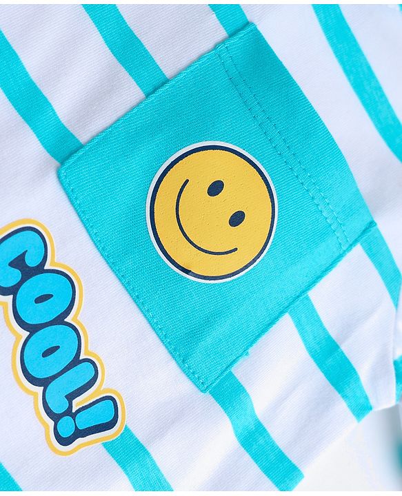Babyhug 100 % Cotton Knit Full Sleeves T-Shirt with Pocket Stripes & Smiley Print - Light Blue