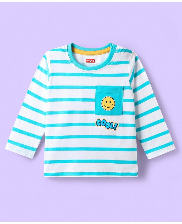 Babyhug 100 % Cotton Knit Full Sleeves T-Shirt with Pocket Stripes & Smiley Print - Light Blue