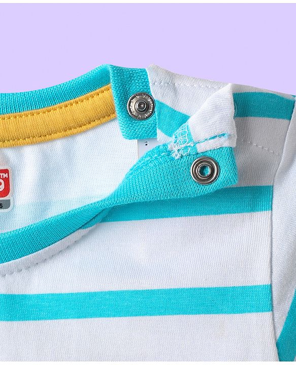 Babyhug 100 % Cotton Knit Full Sleeves T-Shirt with Pocket Stripes & Smiley Print - Light Blue