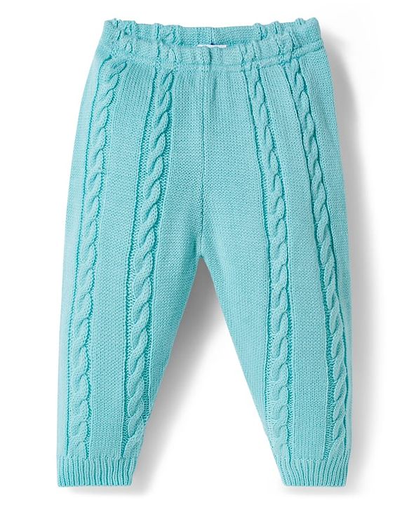 Babyhug Knit Full Length Fleece & Woollen Pant With Cable Knit Design - Light Blue