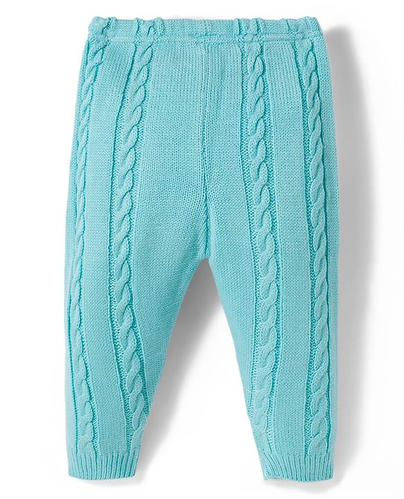 Babyhug Knit Full Length Fleece & Woollen Pant With Cable Knit Design - Light Blue