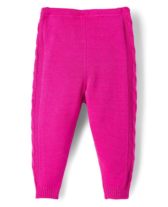 Babyhug Knit Full Length Fleece & Woollen Pant With Cable Knit Design - Dark Pink