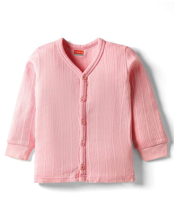 Babyhug Cotton Knit Full Sleeves Front Open Solid Thermal Vest - Pink
