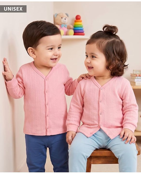 Babyhug Cotton Knit Full Sleeves Front Open Solid Thermal Vest - Pink