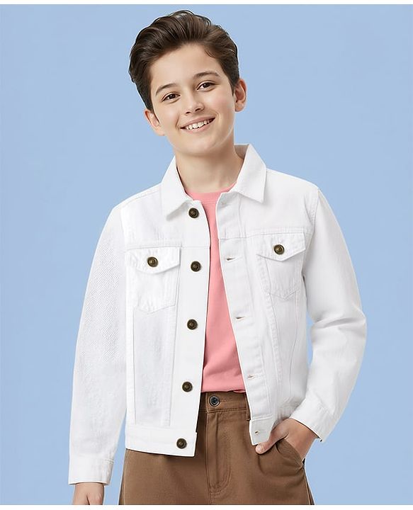 Pine Kids Cotton Woven Full Sleeves Solid Color Denim Jacket - White
