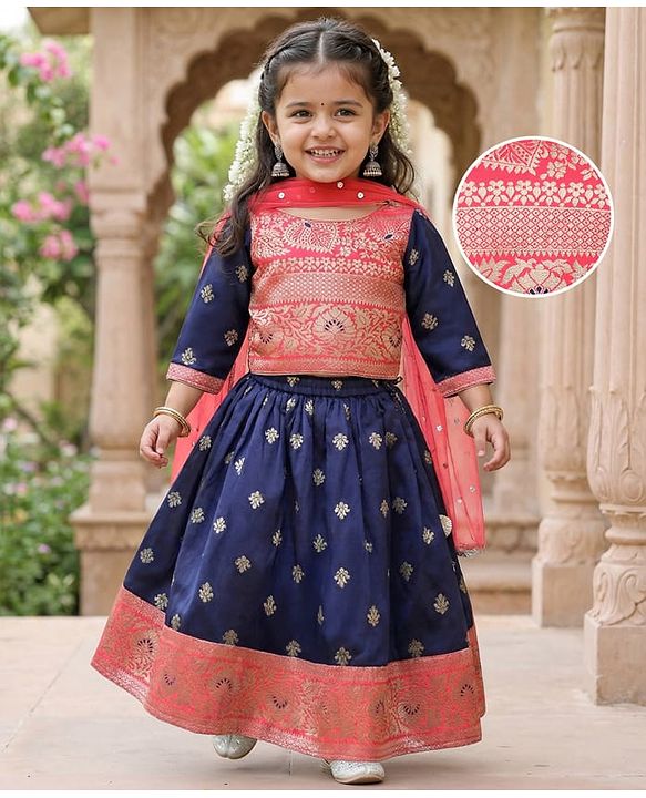 Babyhug Brocade Woven Choli Lehenga and Dupatta Set with Lace Detailing - Navy Blue