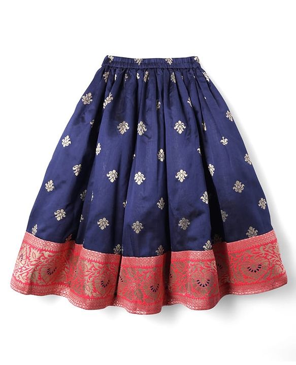 Babyhug Brocade Woven Choli Lehenga and Dupatta Set with Lace Detailing - Navy Blue