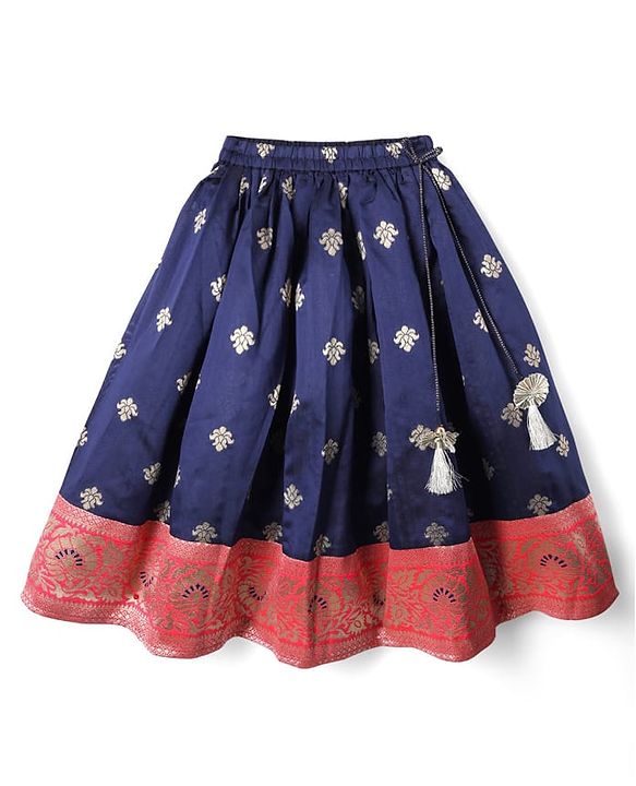 Babyhug Brocade Woven Choli Lehenga and Dupatta Set with Lace Detailing - Navy Blue