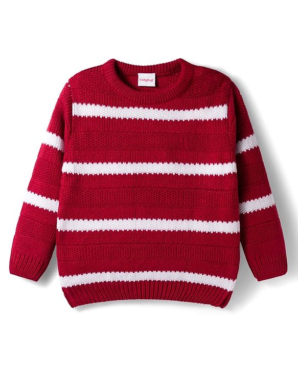 Babyhug Knitted Full Sleeves Striped Pullover Sweater - Maroon & White