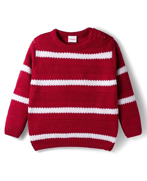 Babyhug Knitted Full Sleeves Striped Pullover Sweater - Maroon & White