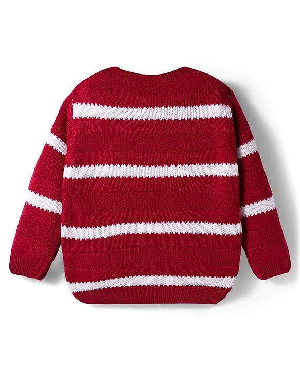 Babyhug Knitted Full Sleeves Striped Pullover Sweater - Maroon & White