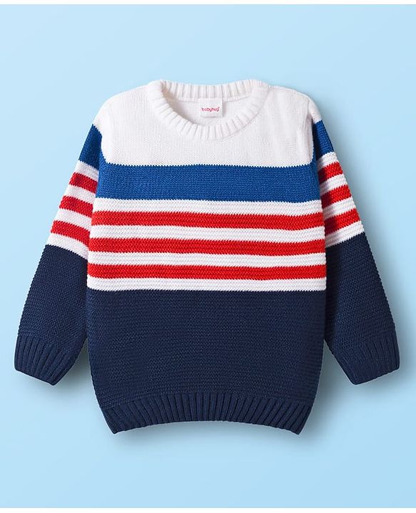 Babyhug Knit Full Sleeves  Pullover with Stripe Design - White & Navy Blue