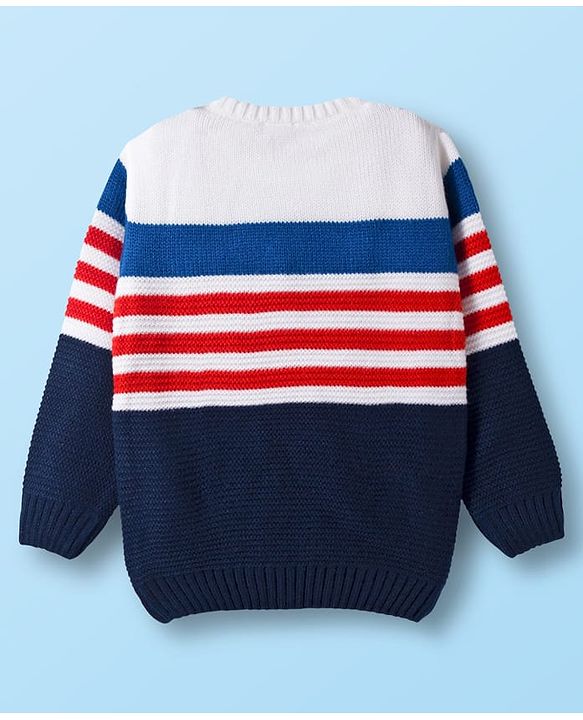 Babyhug Knit Full Sleeves  Pullover with Stripe Design - White & Navy Blue