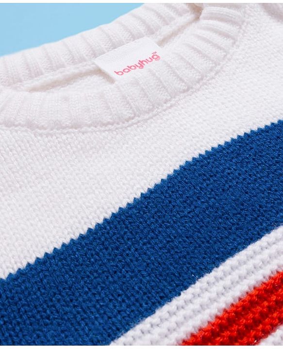 Babyhug Knit Full Sleeves  Pullover with Stripe Design - White & Navy Blue