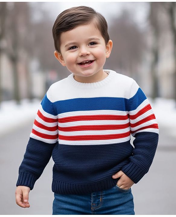 Babyhug Knit Full Sleeves  Pullover with Stripe Design - White & Navy Blue
