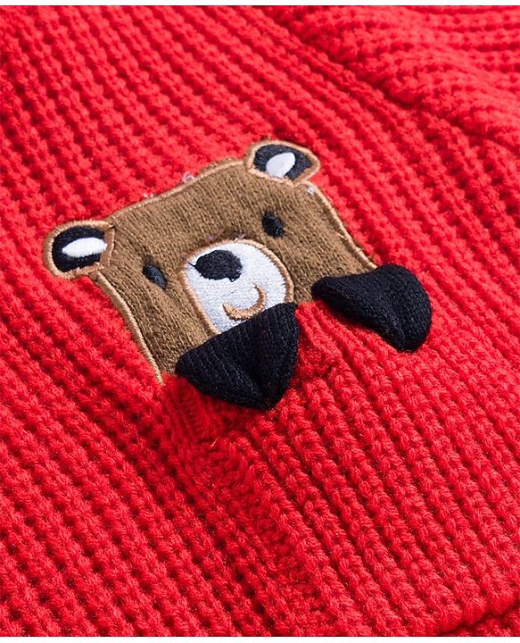 Babyhug Knit Full Sleeves Pullover Sweater with Bear Patch Detailing - Red