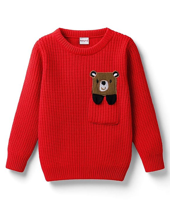 Babyhug Knit Full Sleeves Pullover Sweater with Bear Patch Detailing - Red