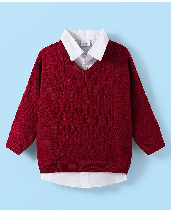 Babyhug Knit Full Sleeves Pullover Sweater with Cable Knit Design - Maroon