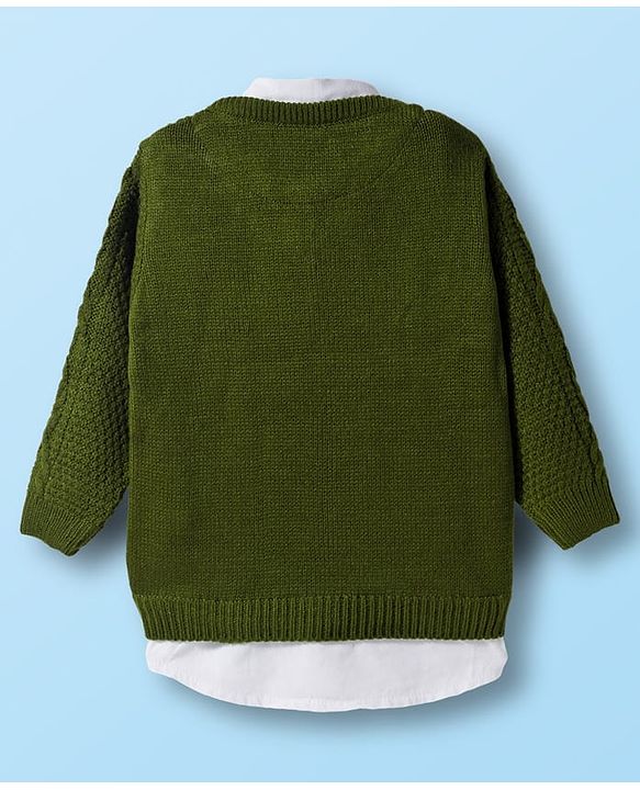 Babyhug Knit Full Sleeves  Twofer Style Pullover with Cable Knit Design - Olive Green & White