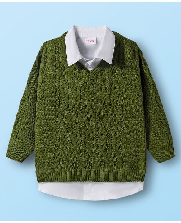 Babyhug Knit Full Sleeves  Twofer Style Pullover with Cable Knit Design - Olive Green & White
