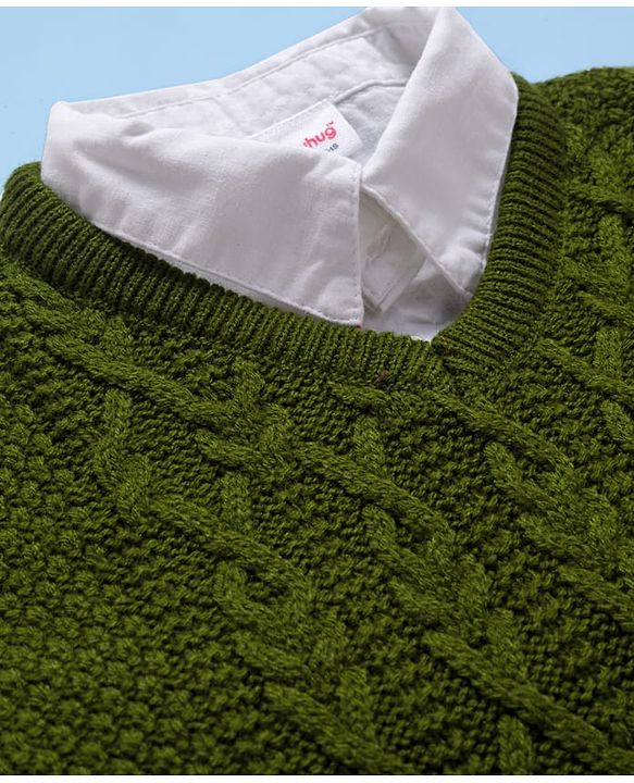 Babyhug Knit Full Sleeves  Twofer Style Pullover with Cable Knit Design - Olive Green & White