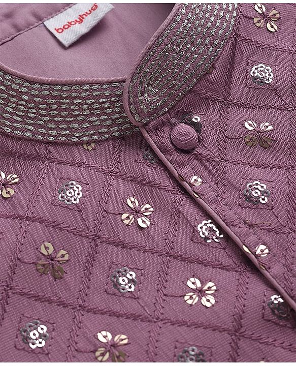 Babyhug Woven Full Sleeves Kurta Pajama Set with Embroidery & Sequin Detailing - Lavender