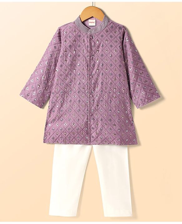 Babyhug Woven Full Sleeves Kurta Pajama Set with Embroidery & Sequin Detailing - Lavender
