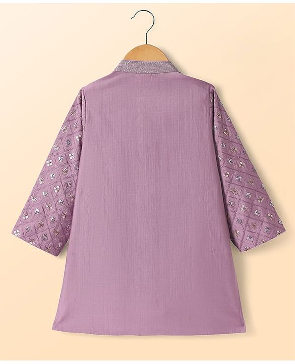 Babyhug Woven Full Sleeves Kurta Pajama Set with Embroidery & Sequin Detailing - Lavender