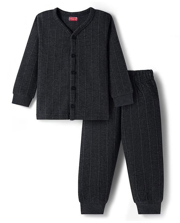 Babyhug Knit Full Sleeves Front Open Thermal Inner Wear Vest & Pant Set - Dark Grey