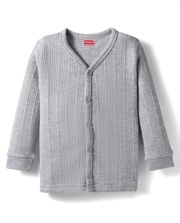 Babyhug Knit Full Sleeves Solid Color Thermal Vest & Pant Set - Light Grey