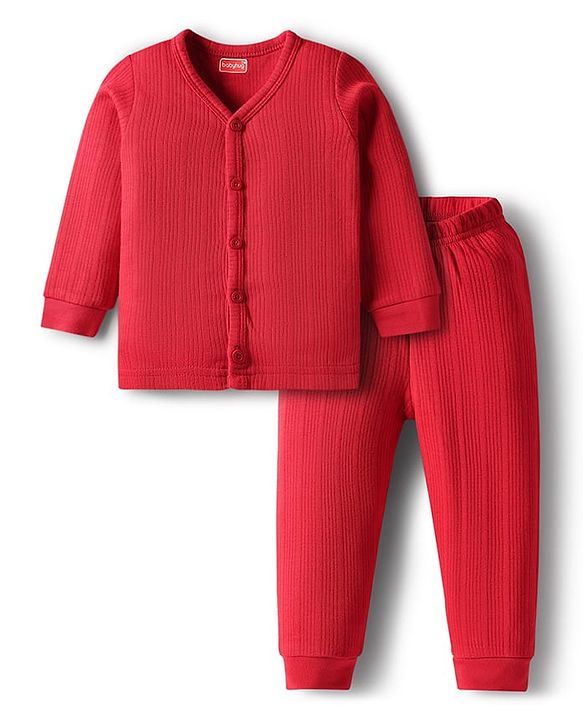Babyhug Cotton Knit Full Sleeves Front Open Solid Thermal Inner Wear Set - Red
