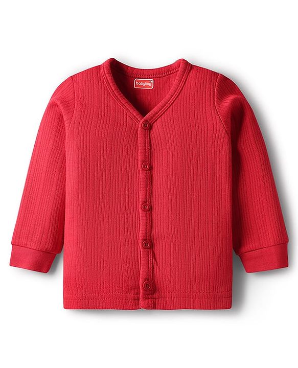 Babyhug Cotton Knit Full Sleeves Front Open Solid Thermal Inner Wear Set - Red