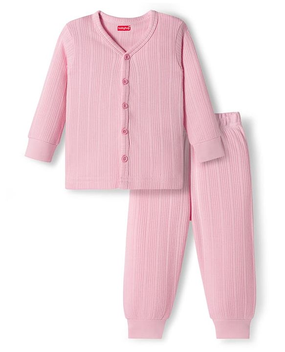 Babyhug Knit Full Sleeves Solid Color Front Open Thermal Vest & Pant Set - Pink