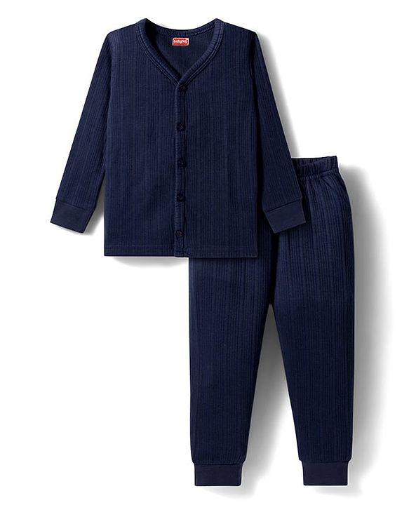 Babyhug Knit Full Sleeves Solid Colour Thermal Inner Wear Set - Navy Blue