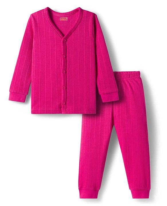 Babyhug Cotton Knit Full Sleeves Solid Color Thermal Vest & Pant Set - Dark Pink
