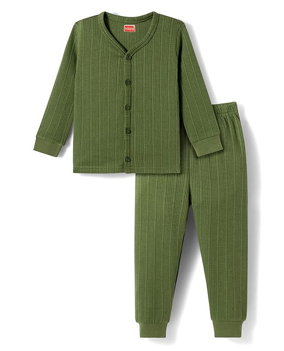 Babyhug Knit Full Sleeves Solid Colour Thermal Inner Wear Set  - Olive Green