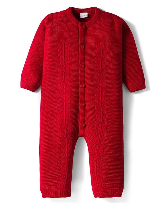 Babyhug Sweater Knit Full Sleeves Front Open Solid Winter Wear Romper - Red
