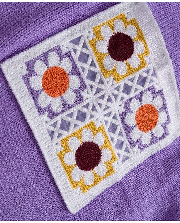 Babyhug Sweater Knit Full Sleeves Winter Wear Romper with Floral Design and Patch - Purple