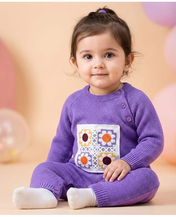 Babyhug Sweater Knit Full Sleeves Winter Wear Romper with Floral Design and Patch - Purple