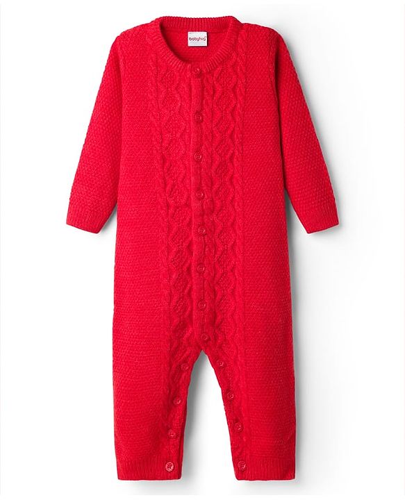 Babyhug Sweater Knit Full Sleeves Winter Wear Romper with Cable Knit Design - Red