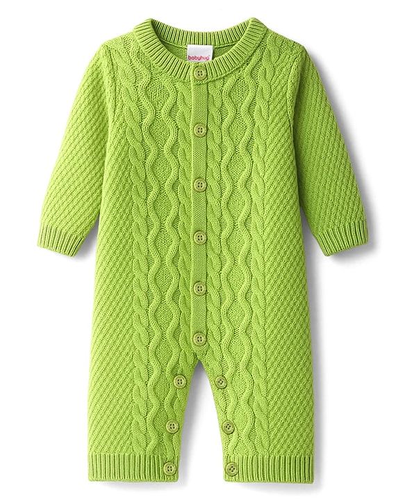 Babyhug Sweater Knit Full Sleeves Winter Wear Romper With Cable Knit Design - Green