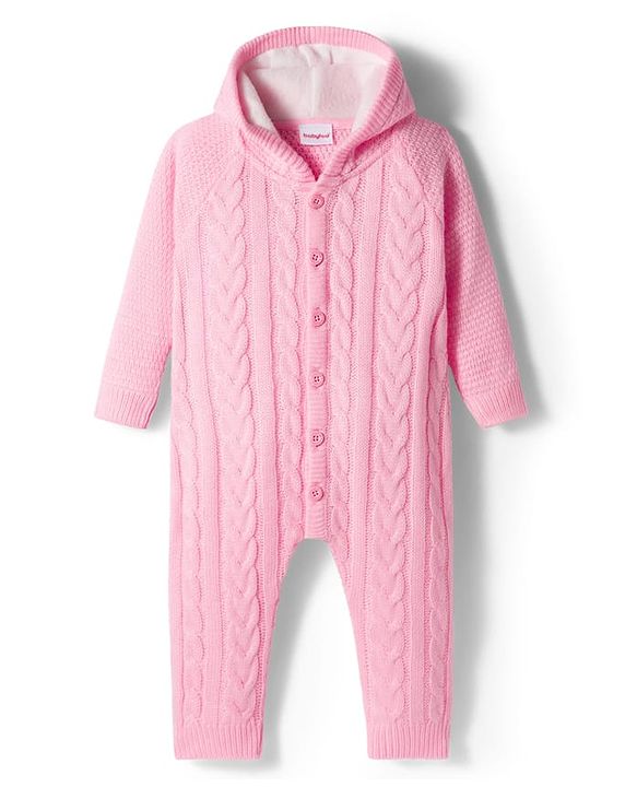 Babyhug Knit Full Sleeves Hooded Winter Wear Romper With Cable Knit Design - Light Pink
