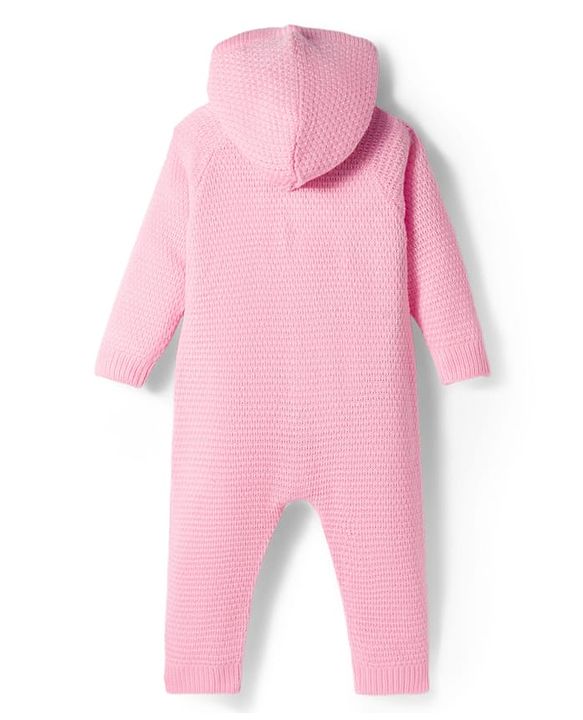 Babyhug Knit Full Sleeves Hooded Winter Wear Romper With Cable Knit Design - Light Pink