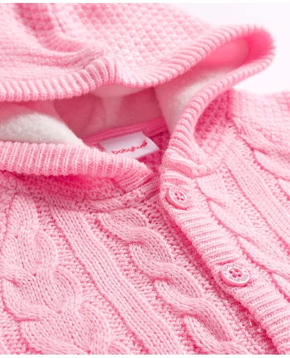 Babyhug Knit Full Sleeves Hooded Winter Wear Romper With Cable Knit Design - Light Pink