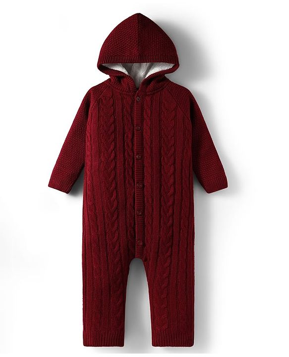 Babyhug Sweater Knit Full Sleeves Front Open Romper With Cable Knit Design - Dark Red