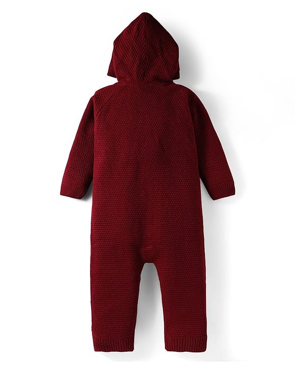 Babyhug Sweater Knit Full Sleeves Front Open Romper With Cable Knit Design - Dark Red